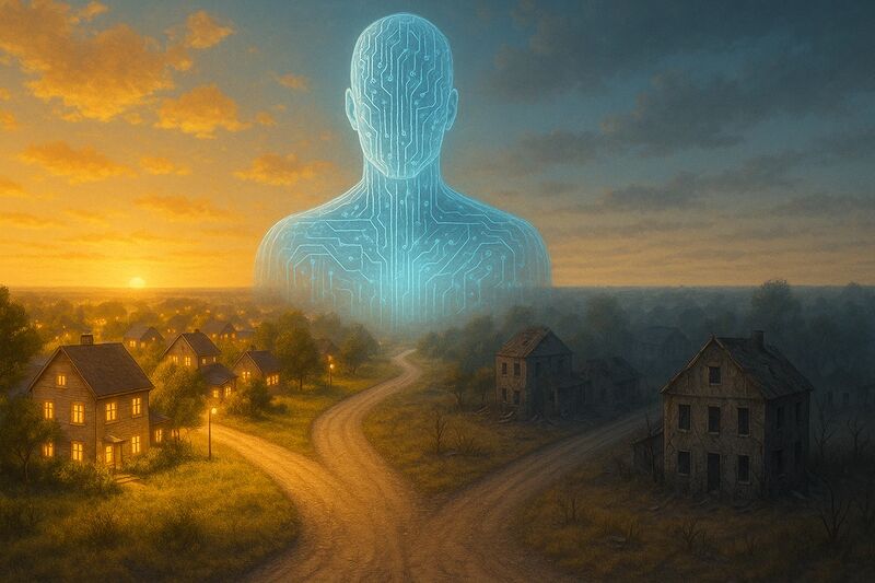 Towering glowing AI figure made of blue circuitry rising above a quiet rural village at sunset, with a forked road symbolizing the crossroads between humanity and artificial intelligence