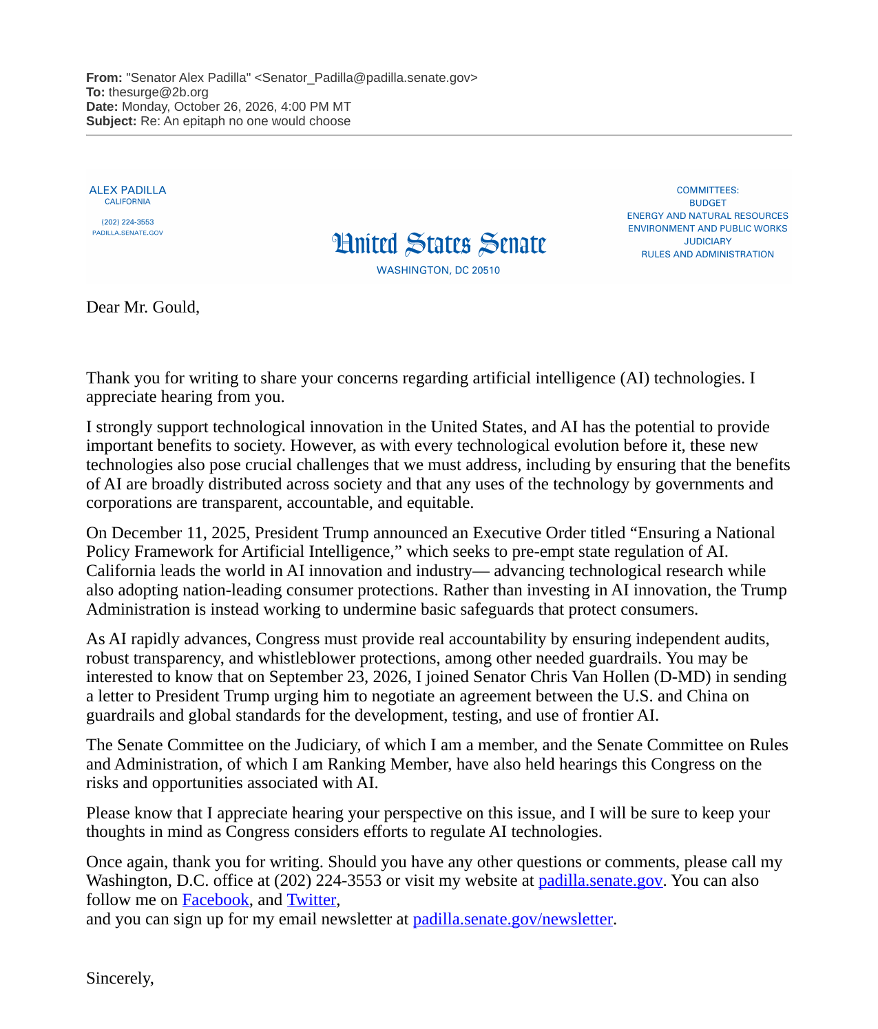 Page 1 of the original letter from Alex Padilla